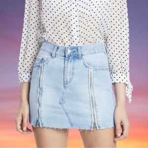 NEON BLONDE Siren Zip Jean Denim Mini Skirt in Light Shattered Blues Size 25